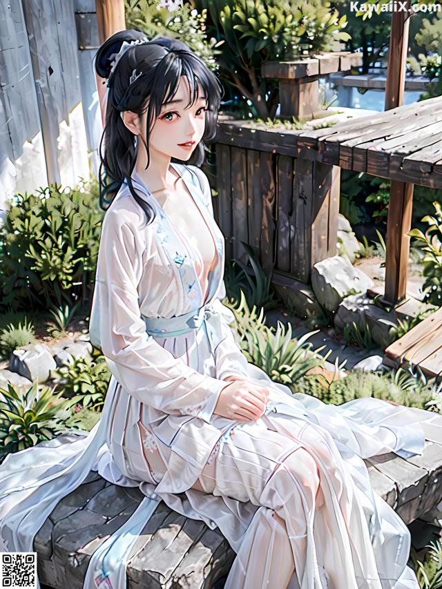 A woman in a white dress sitting on a wooden bench.