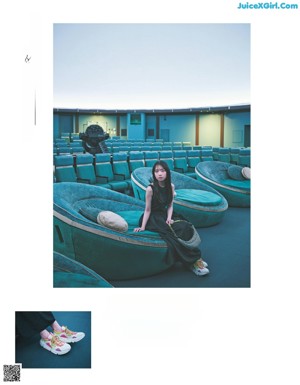 A magazine spread with a woman holding up a pair of sneakers.