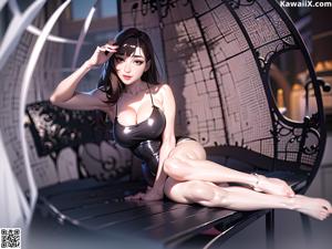 A woman in a white lingerie sitting on a bed.