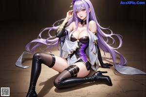 A woman with purple hair wearing a purple bodysuit and black gloves.