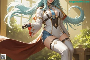 A woman with long blue hair is posing naked in a field.