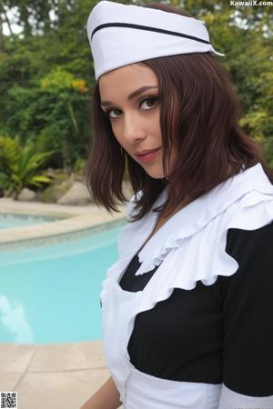 A woman in a white bikini standing next to a swimming pool.