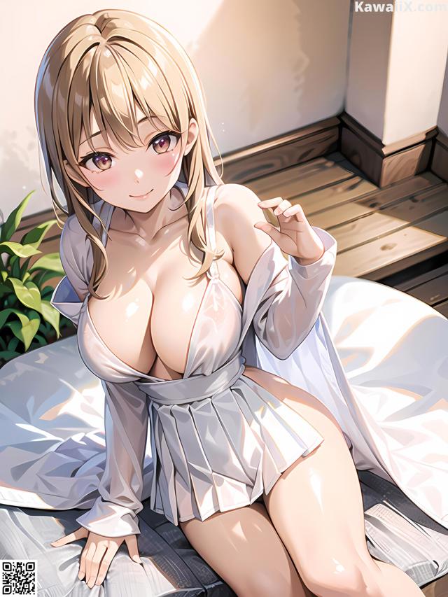 A woman in a white dress sitting on a bed.