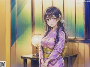 A woman in a kimono standing in front of a bar.