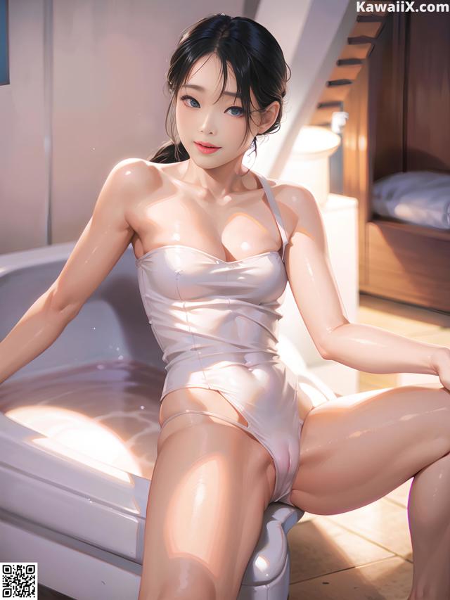 A woman in a white bathing suit sitting in a bathtub.